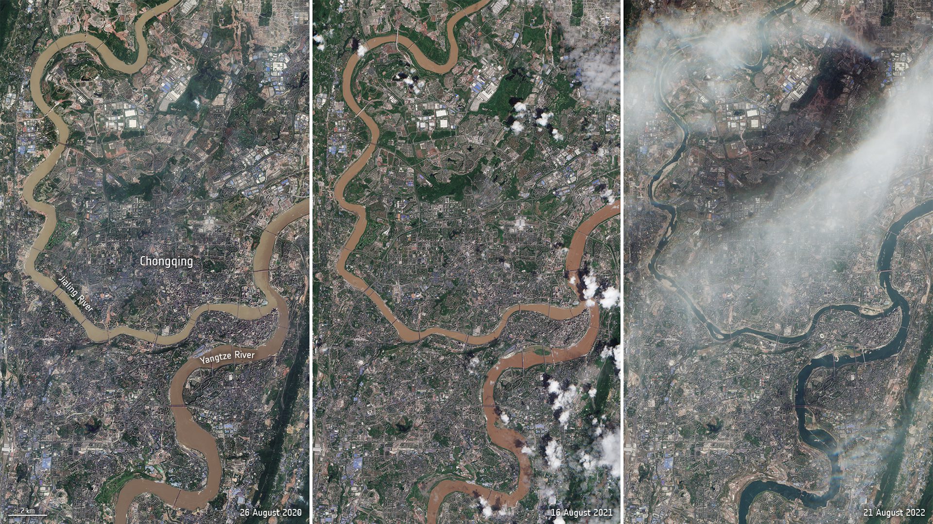 Views of the Yangtze and Jialing rivers over the last two years. Image Credit: 
