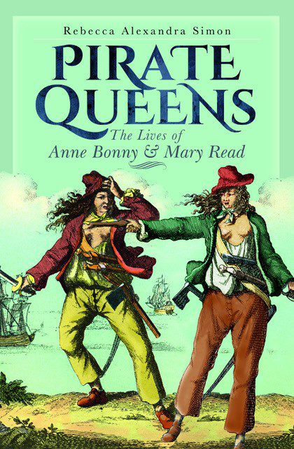 A book cover showing an illustration of two female pirates in men's clothes including trousers and shirts unbuttoned showing their breasts