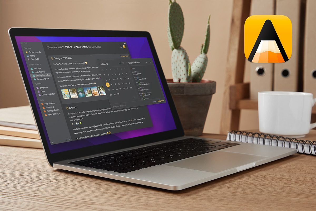 A laptop on a table showing a calendar and note taking app.