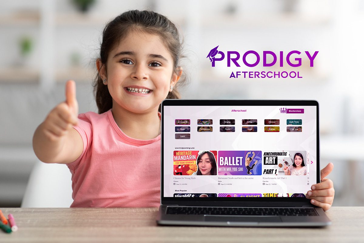 A child giving a thumbs up and showing the camera a laptop with 'Prodigy Afterschool' written above it.