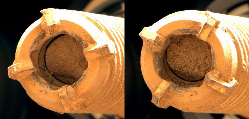 These two samples, named Hazeltop and Bearwallow, are the size of classroom chalk. Taken at the Wildcat Ridge on July 25 and August 2, respectively. Image Credit: NASA/JPL-Caltech/ASU/MSSS