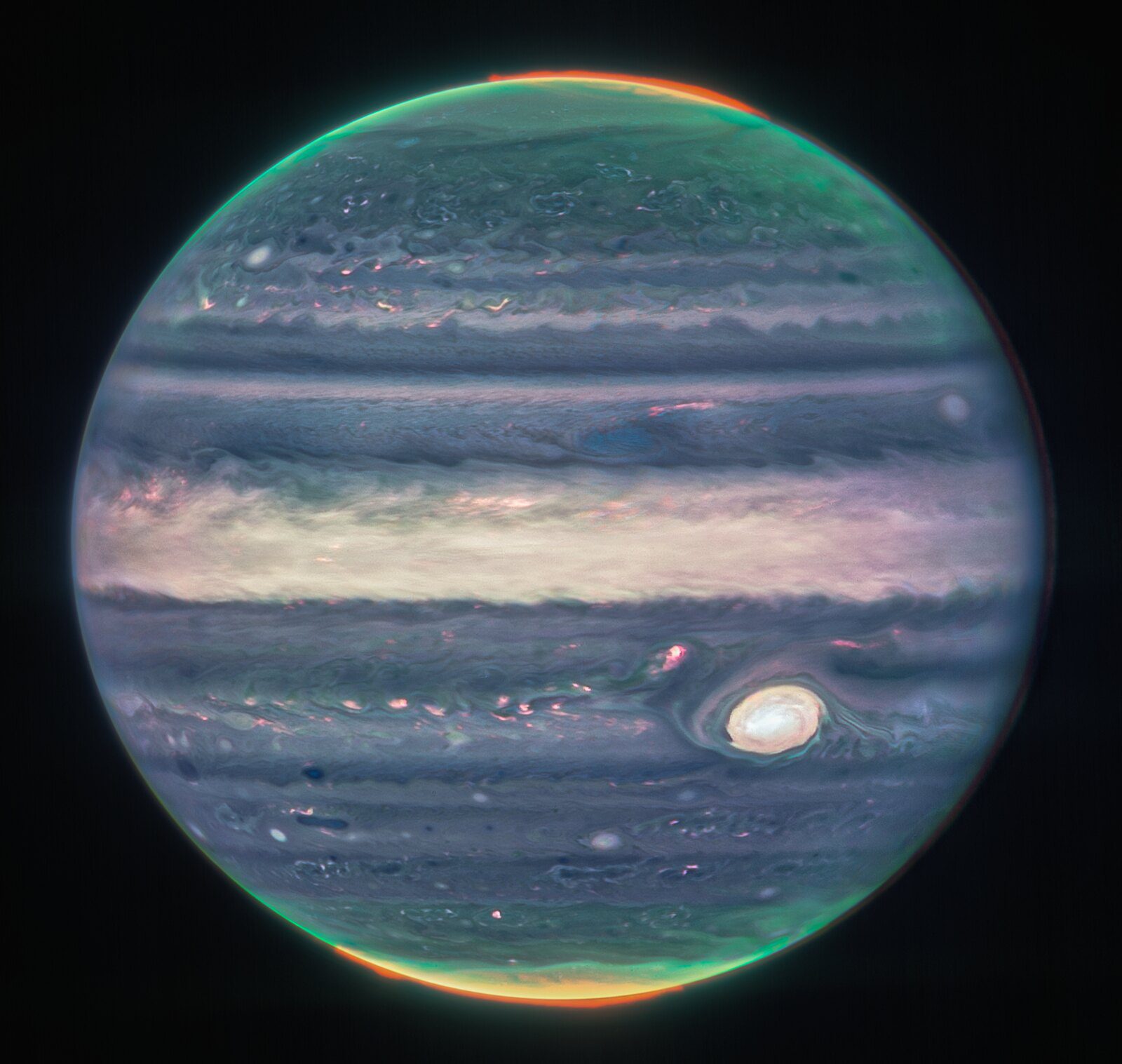 An infrared image of jupiter were differnet portions of the planet's atmosphere and its aurorae are visible