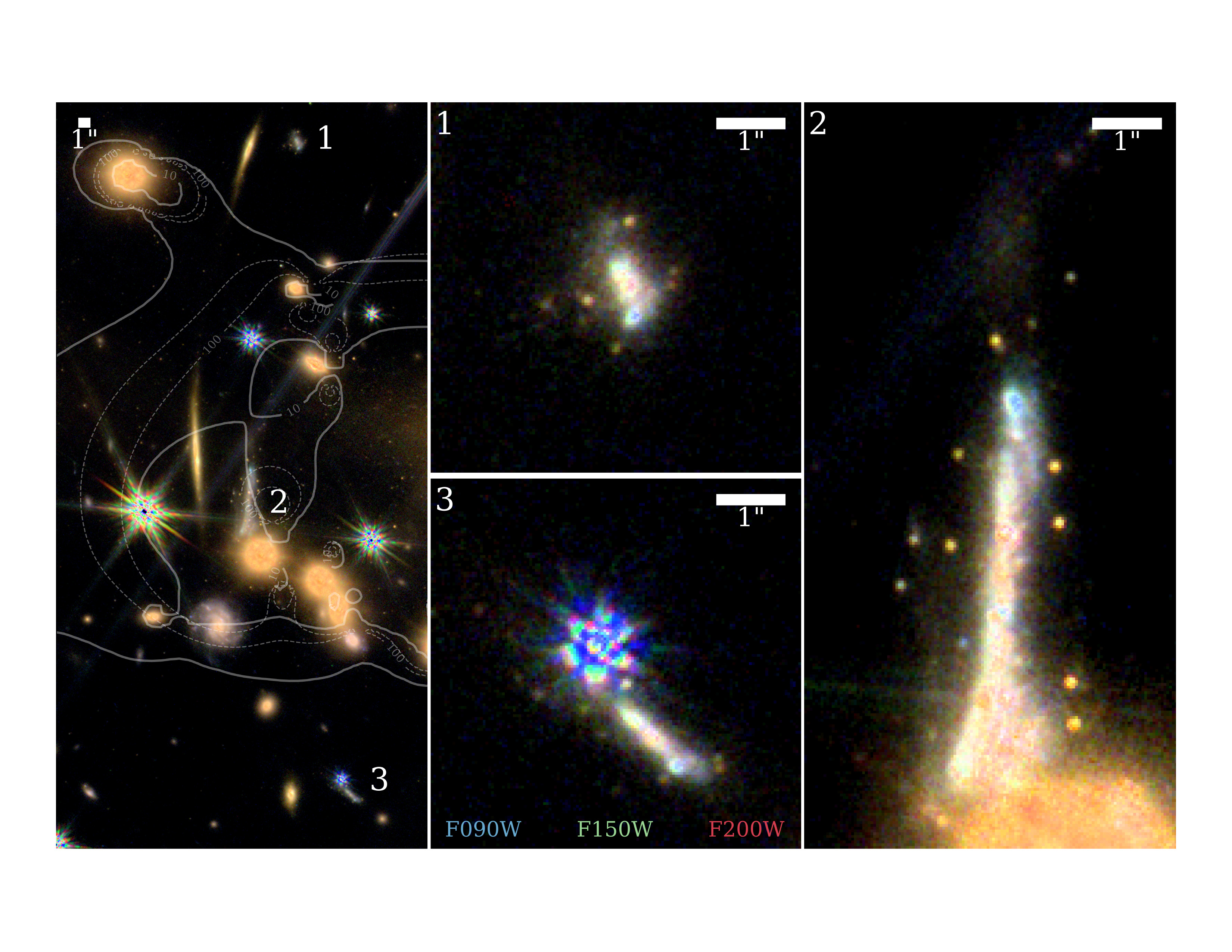 The Sparkler Galaxy showing its surrounds and in close up, with the clusters visible as yellow dots