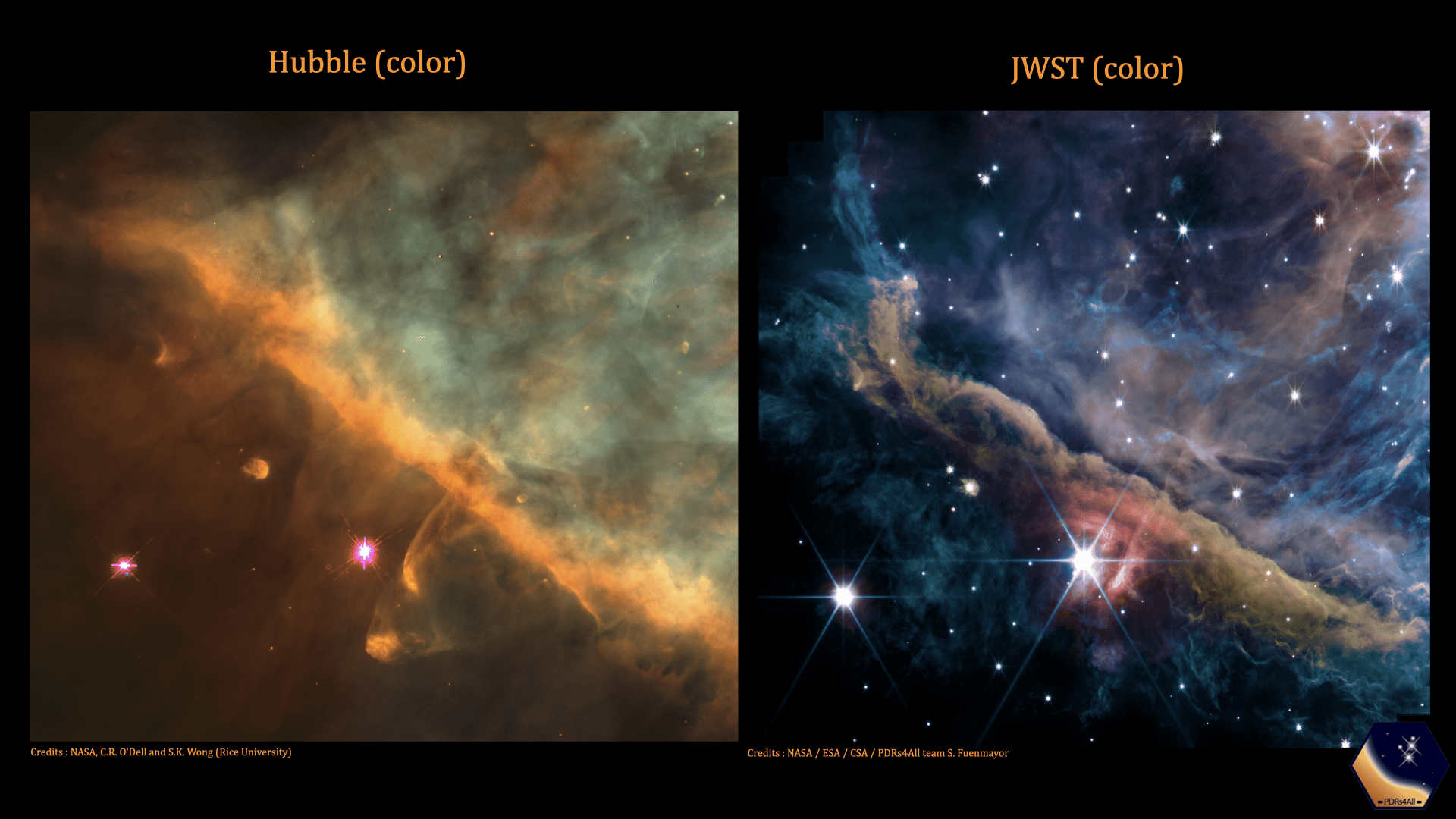 Comparison between how the two space telescopes see the same inner area of the nebula, showing off the JWST’s greater power to peer through dust. Image Credit: NASA, ESA, CSA, PDRs4All ERS Team; image processing Olivier Berné.