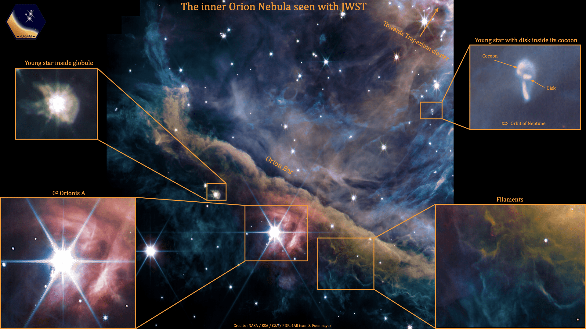 The blue swirls of gas and dust that stars form in in the Orion Nebula with box outs detailing what the image shows ie a white light isa young star, some of the swirly lines are filaments