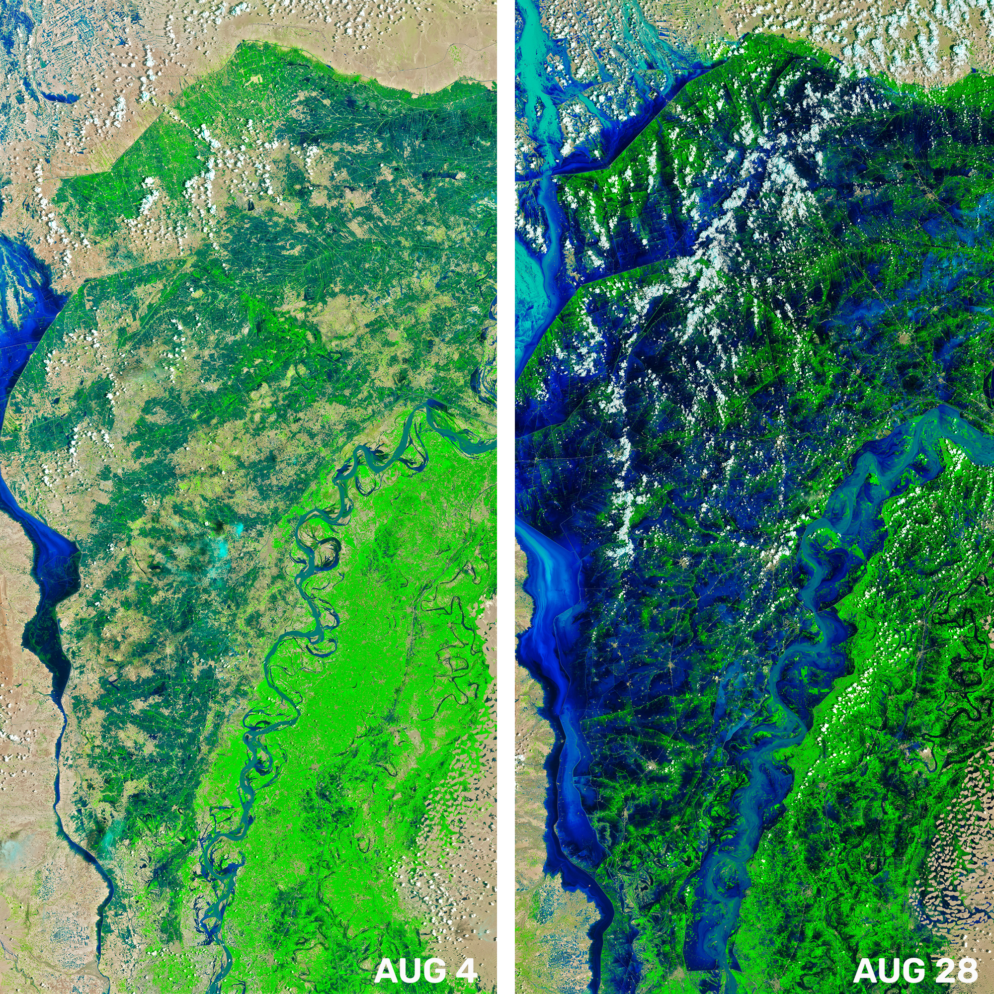 Two side by side satellite images that demonstrate the immense flooding in Pakistan
