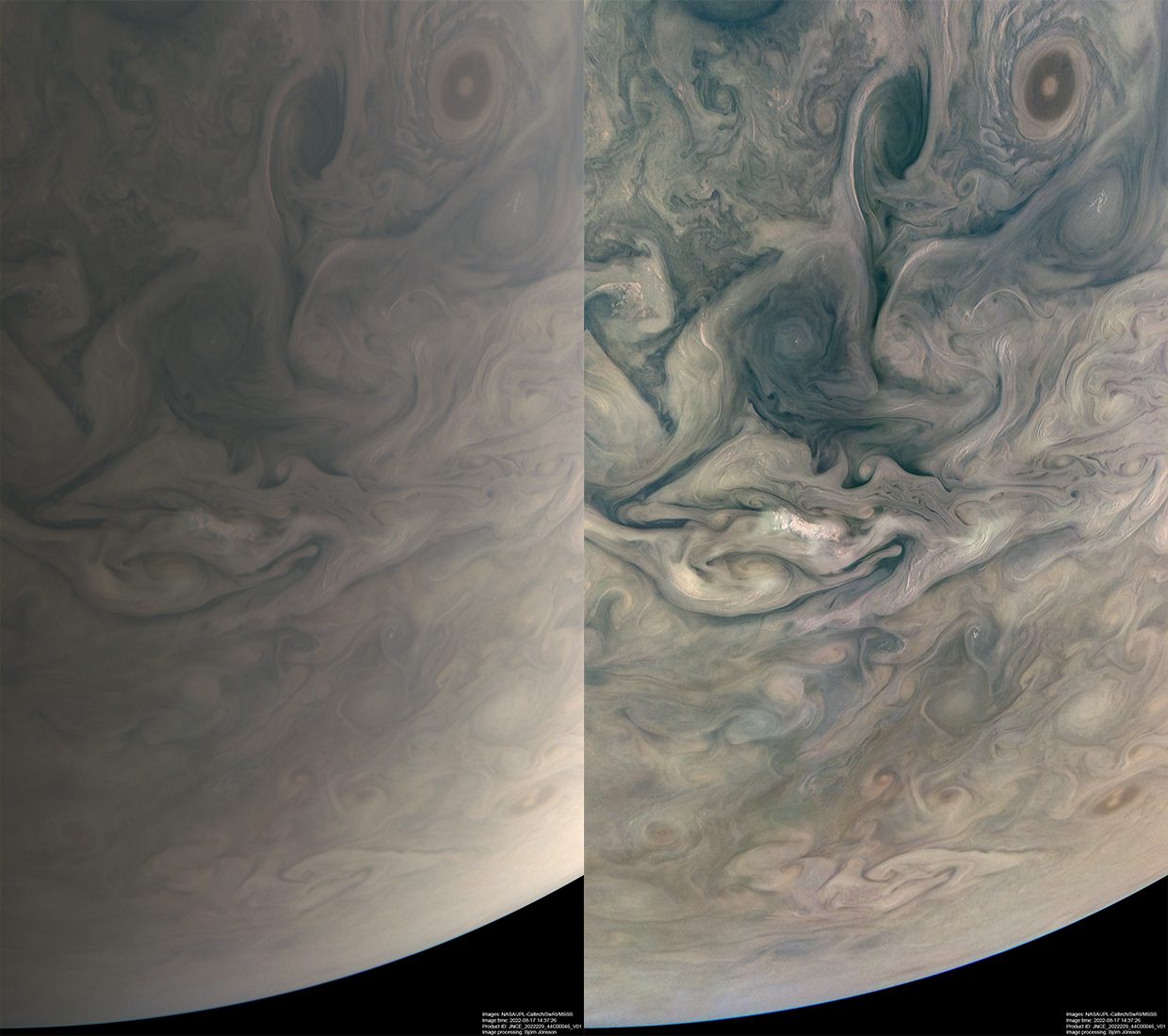 True color (left) and enhanced (right) view of Jupiter a few months ago. Credit : NASA / JPL-Caltech / SwRI / MSSS / Björn Jónsson © CC NC SA