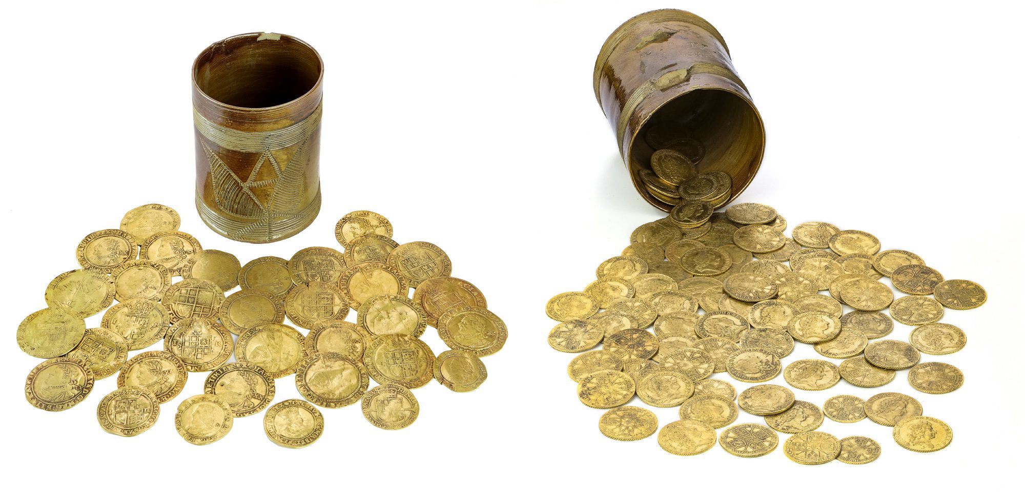 Two pots spilling over with gold coins dating over 300 years old