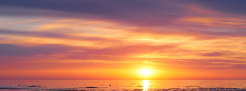 A lovely pinky purple sky with what looks like the sun about to set above the sea but actually it has already sunk below the horizon, we're seeing the light refracted so it still appears in the sky A lovely pinky purple sky with what looks like the sun about to set above the sea but actually it has already sunk below the horizon, we're seeing the light refracted so it still appears in the sky