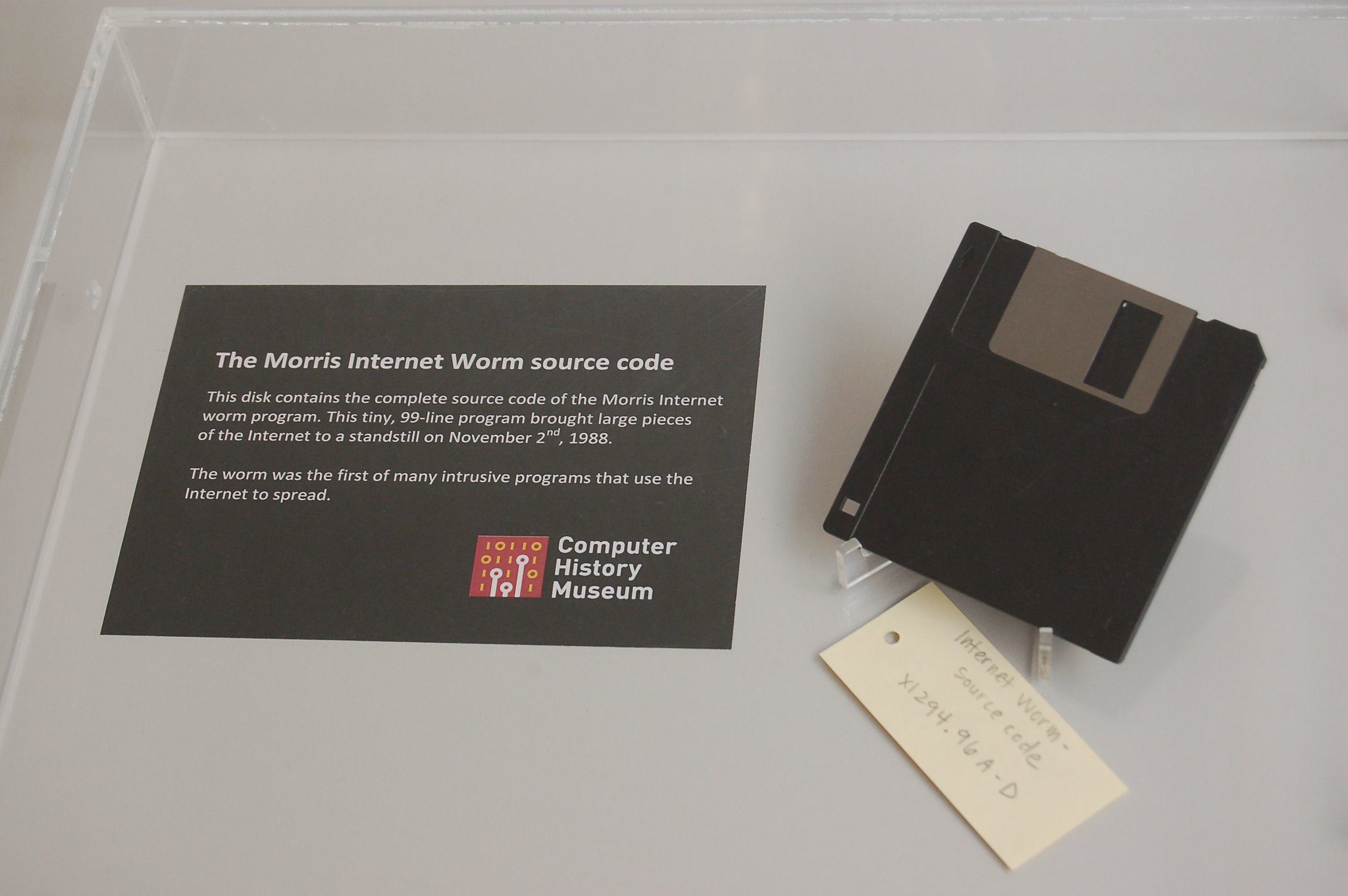 A floppy disk containing the Morris Worm soruce code on display at the Computer History Museum