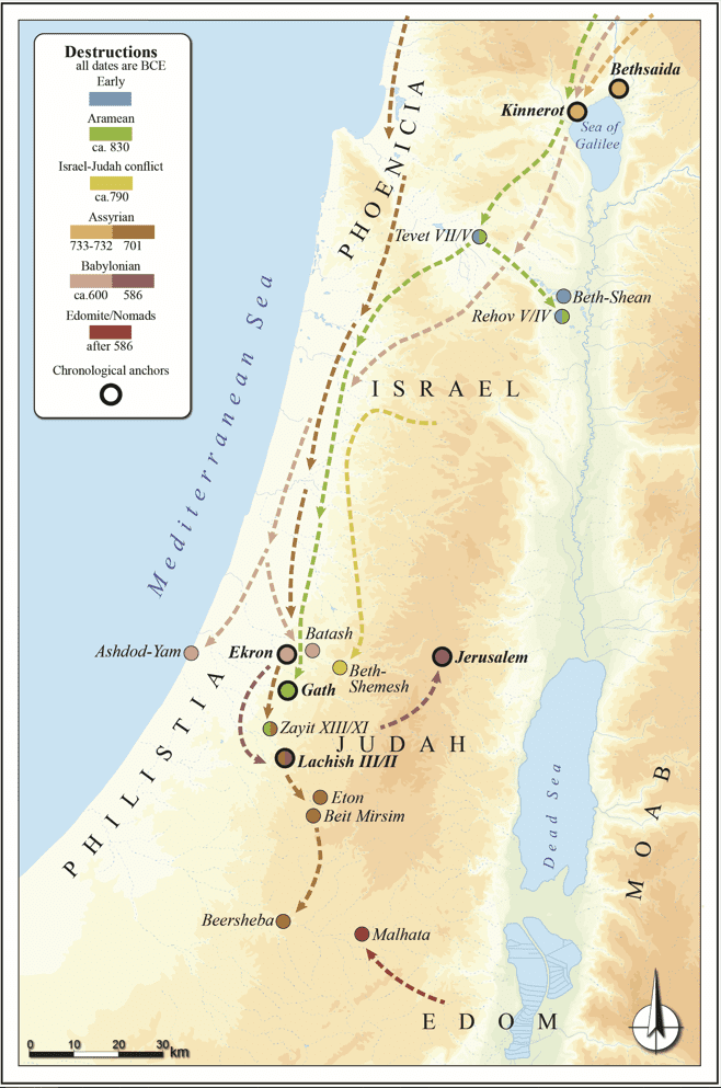 Cities of ancient Judah and surrounds and the approximate lines of invasion, indicating which cities were destroyed together