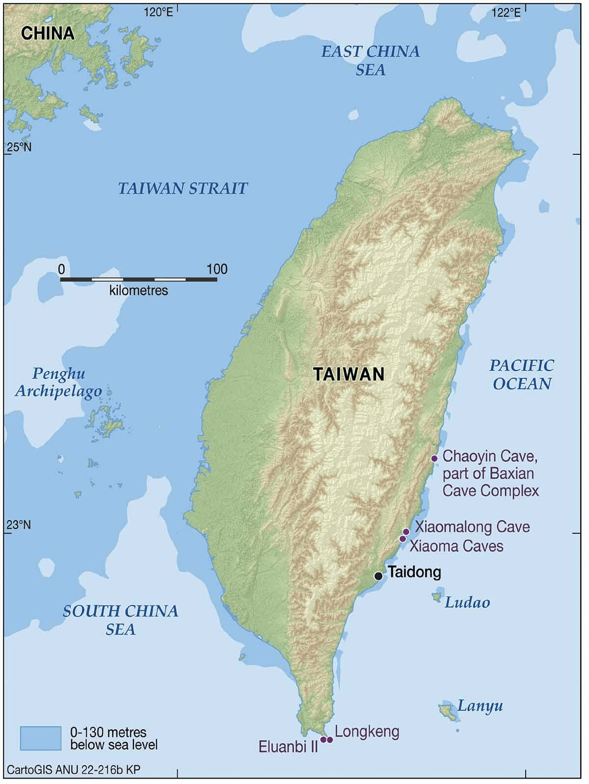 Map of Taiwan, showing the Xiaoma Caves where the skull was found and other important cave complexes