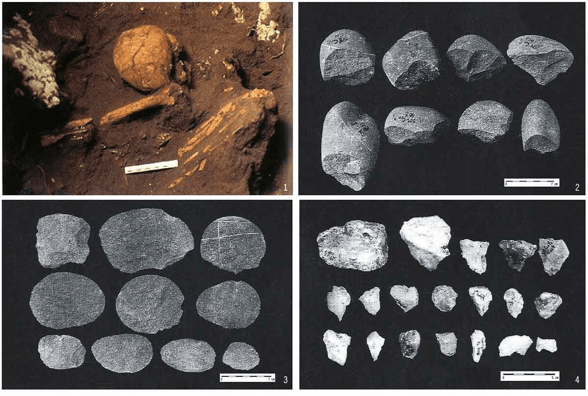 The preceramic human remains from No. 5 Cave (1) and representative stone tools from the preceramic layer, including the cobble chopping tools (2), flake tools (3), and fine-material lithic tools made of quartz (4) of Xiaoma (after Huang and Chen 1990) .