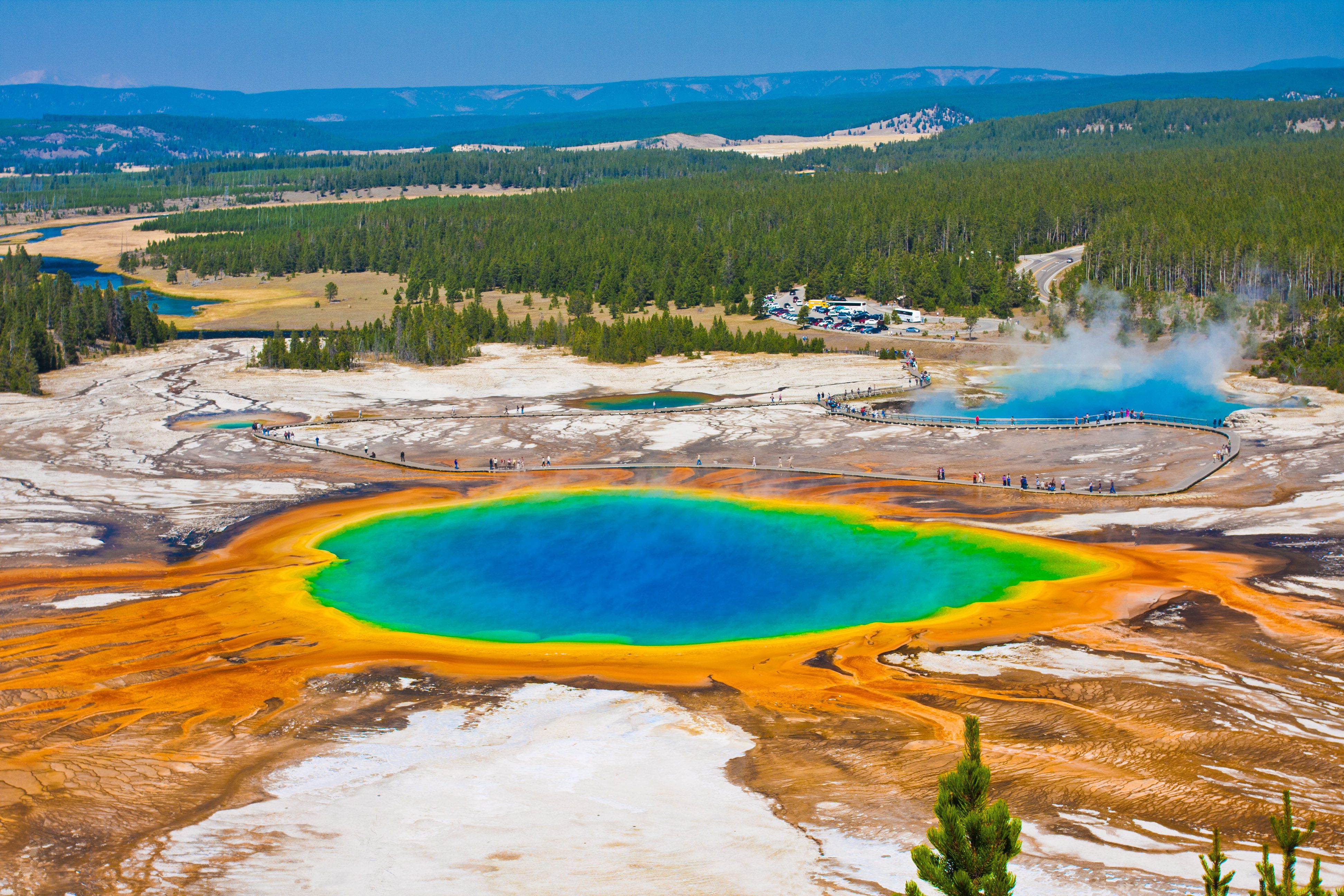 Aerial view of The Grand Prismatic Spring in Yellowstone National Park.