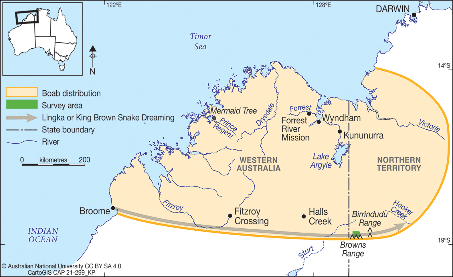 Map showing the distribution of boabs in north-western Australia