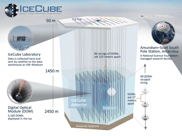 The IceCube Laboratory relies on 86 strings that detect flashes of light within the cubic kilometer of ice it studies