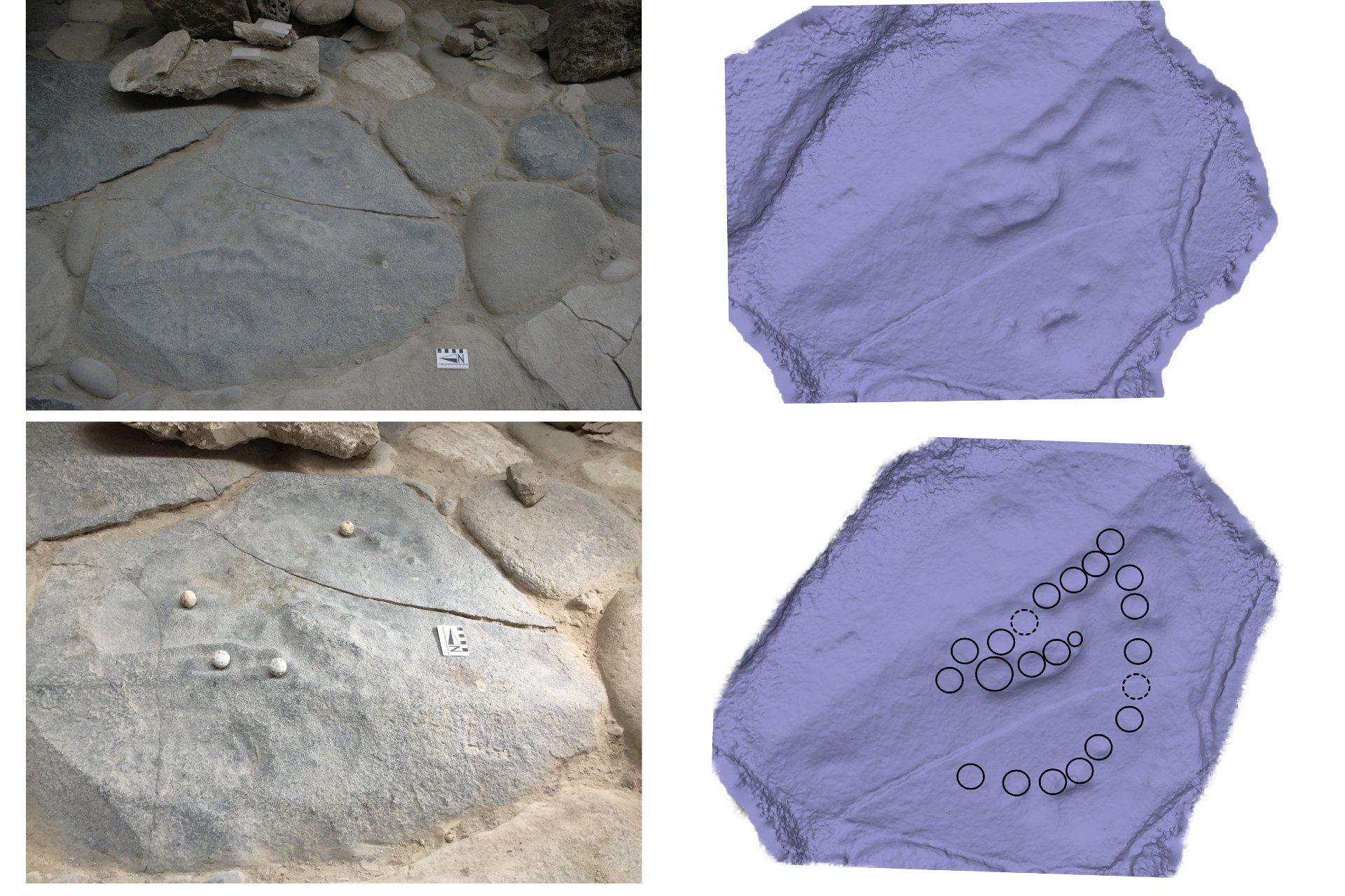 The kernos (slab with cup marks) at the square of the House of the Benches and an interpretation of how the spheres could be associated.