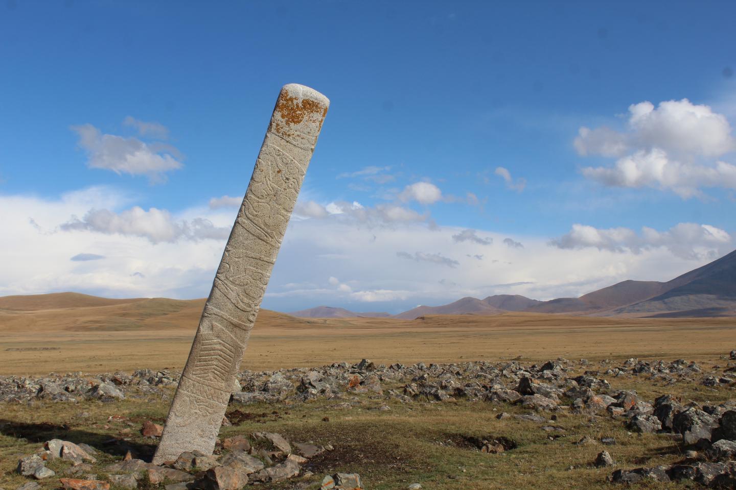 A leaning Deer Stone placed in central Mongolia.