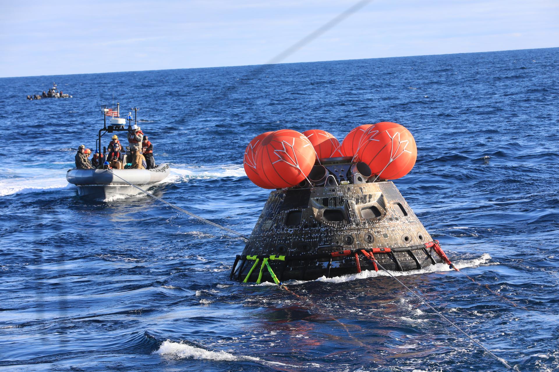 NASA’s Orion spacecraft for the Artemis I mission was successfully recovered inside the well deck of the USS Portland on Dec. 11, 2022 off the coast of Baja California. A