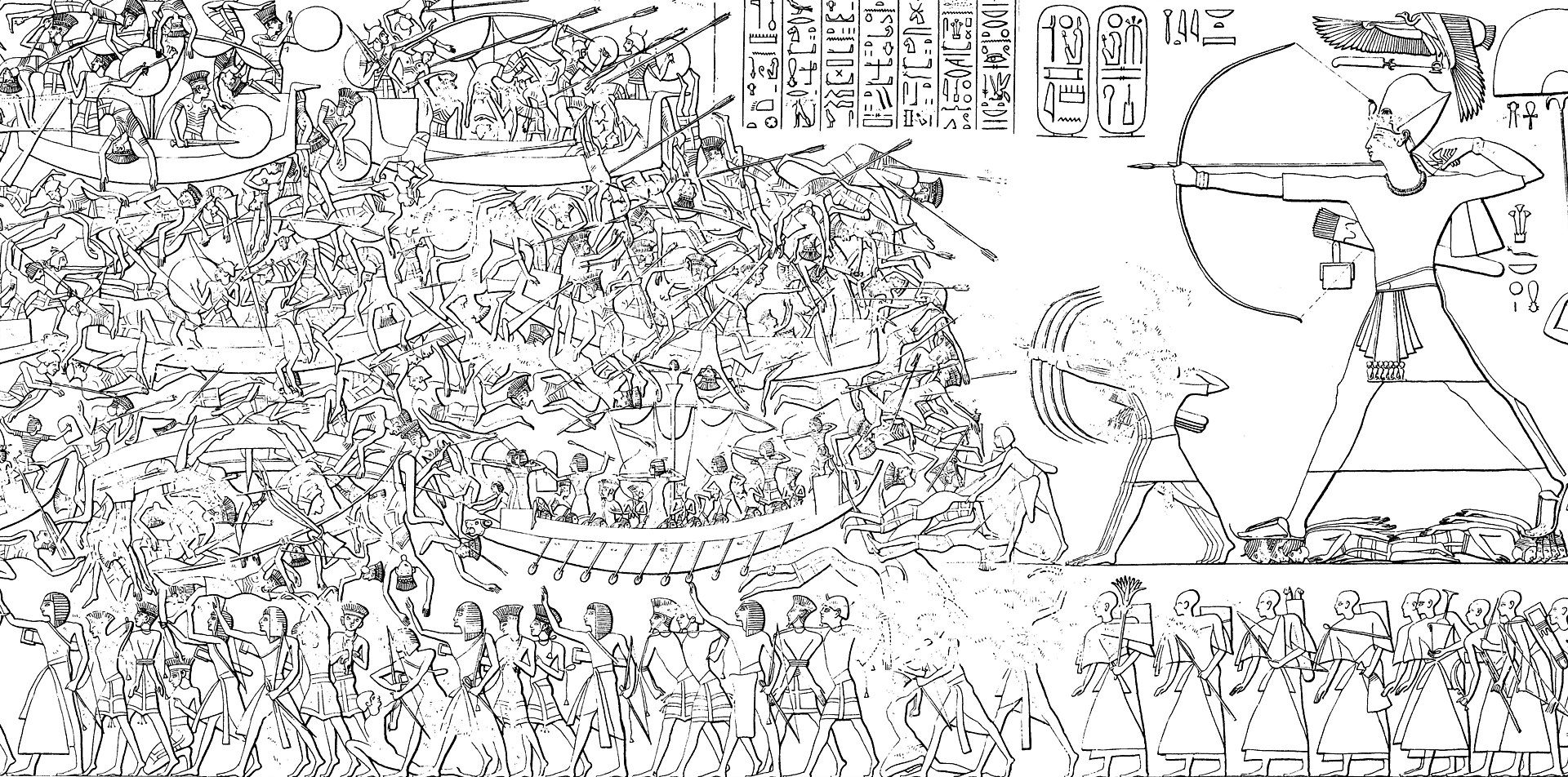 Illustration of a relief depicting Sea Peoples fighting against Egyptians in the Battle of the Delta.