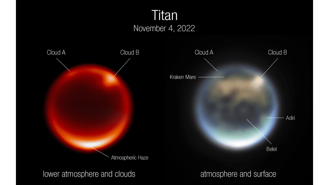 Titan as seen by the JWST's NIRCam (left) and a composite image on the right