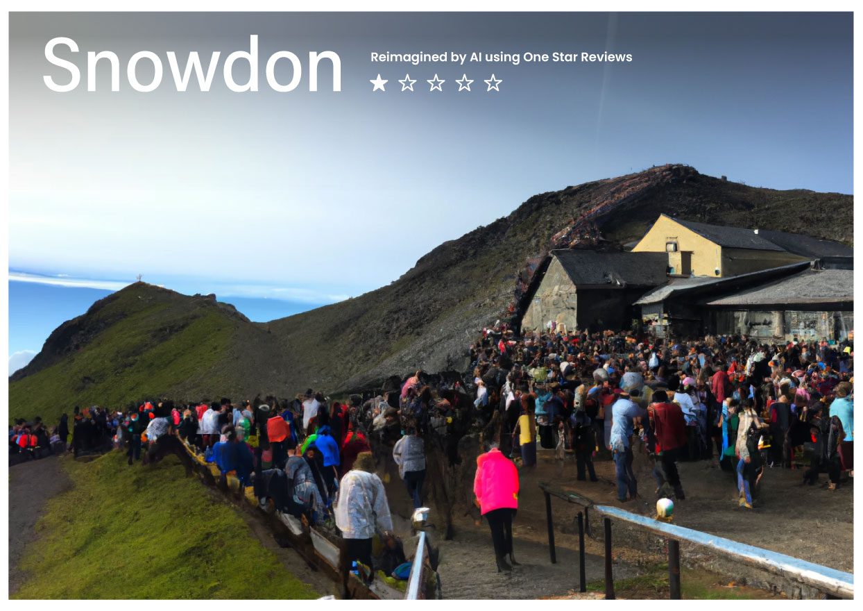 An AI image created by DallE-2 based on 1-star reviews of Snowdon in Wales