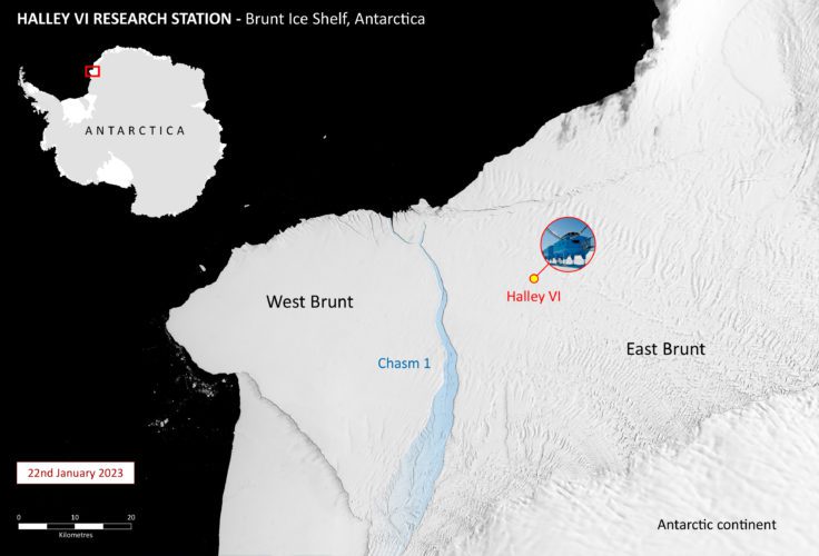 A satellite image showing hte new iceberg chasm-1 that has broken off the west brunt ice shelf in antarctica