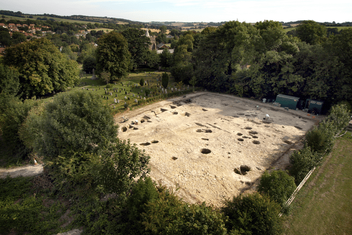 An aerial shot of the excavations at Lyminge, Kent.