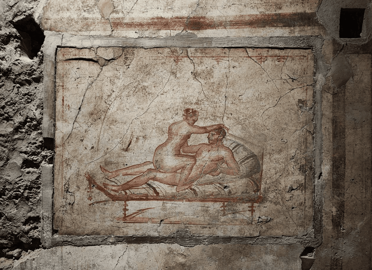 Erotic fresco artwork found at a villa in Pompeii. 