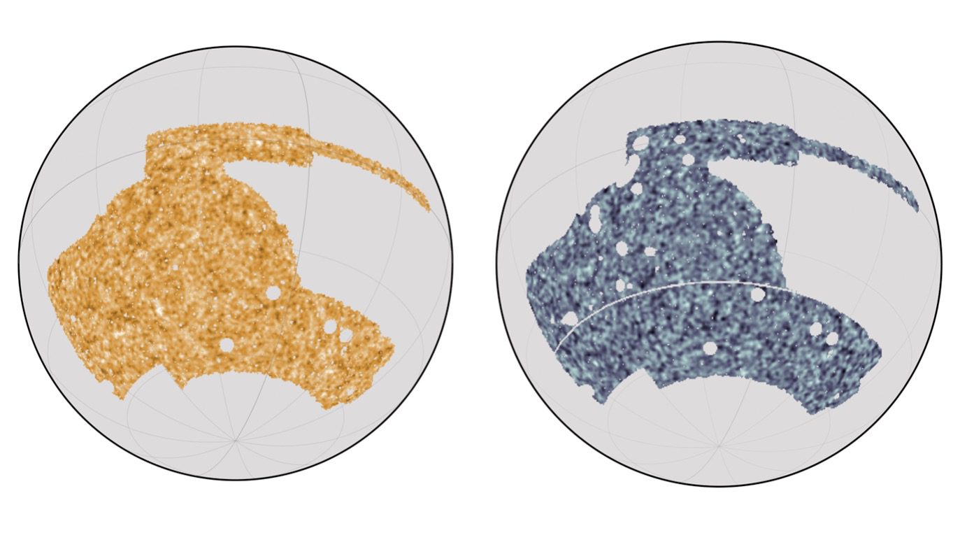These two maps of the sky by the Dark Energy Survey (left) and the South Pole Telescope (right) were combined to make the most precise matter distribution map yet. Image Credit: Yuuki Omori