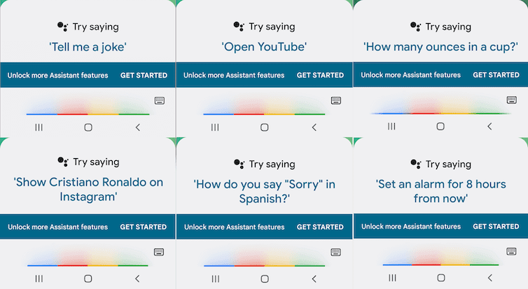 Six screenshots of Google Assistant suggestions.