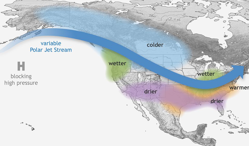 Map showing how La Niña impacts weather in North America