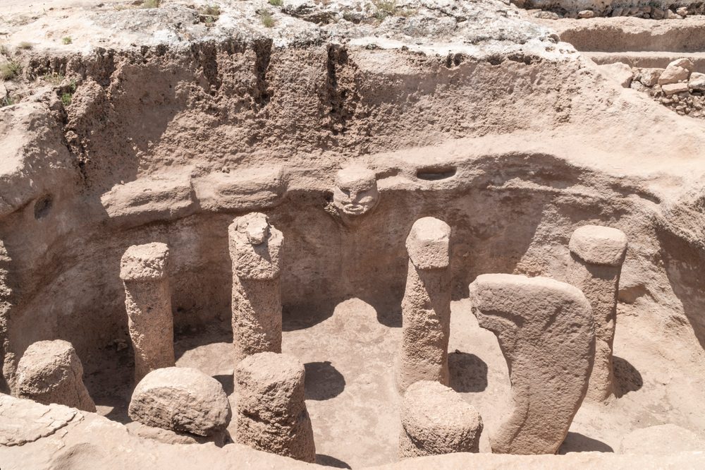 Ancient stone statues in archeological site of Karahan Tepe in Sanli Urfa city, Turkey
