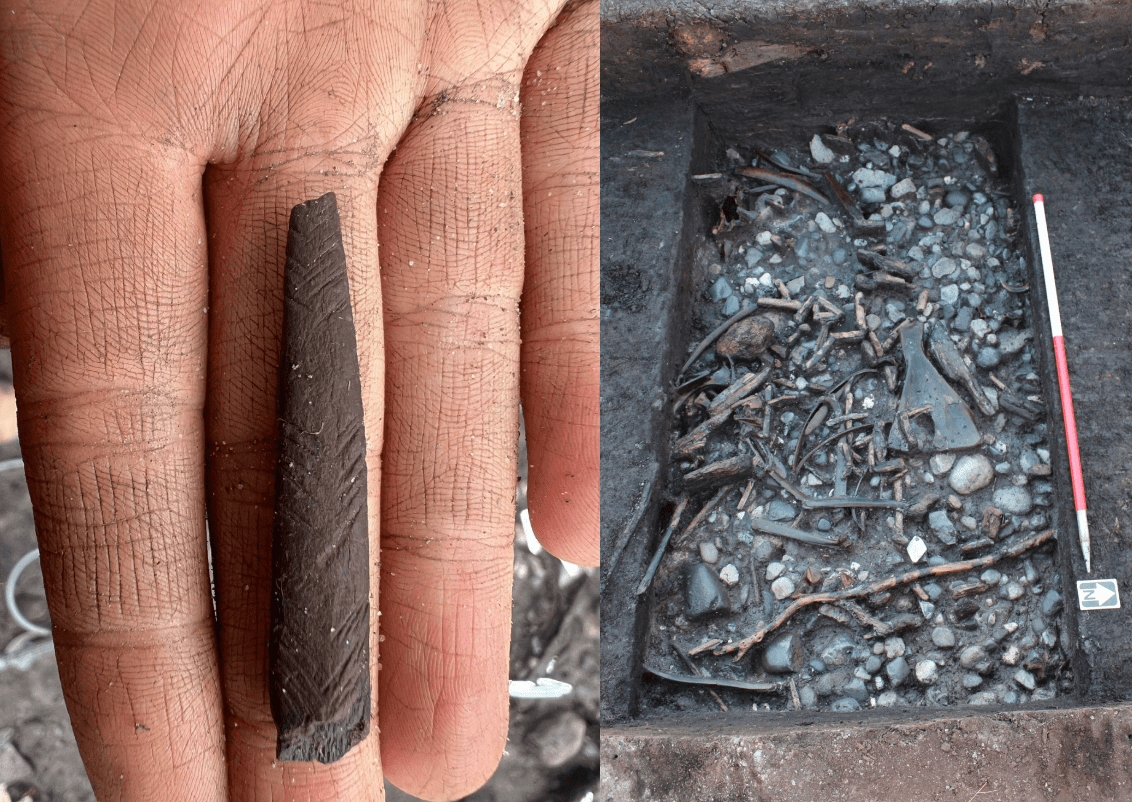A tool weapon that's been decorated with scratches (left) and part of the excavation site (right).