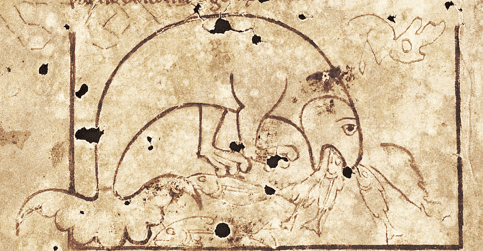 Icelandic Physiologus (c.1200) depiction of the Apsido feeding (Reykjavík AM 673 a II 4to fol. 3v Public Domain, color and contrast corrected).