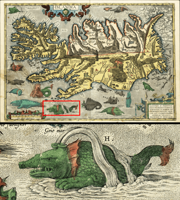 A map of Iceland from 1658, surrounded by mythical creatures - except that one fo them might not be so mythical. The hafgufa, enlarged below