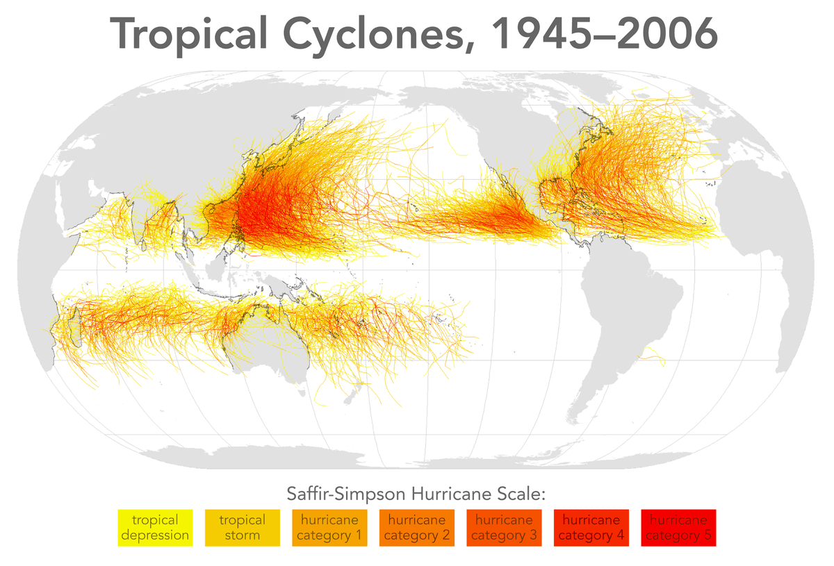 Map showing Tropical Cyclones, 1945–2006, avoiding the equator.=