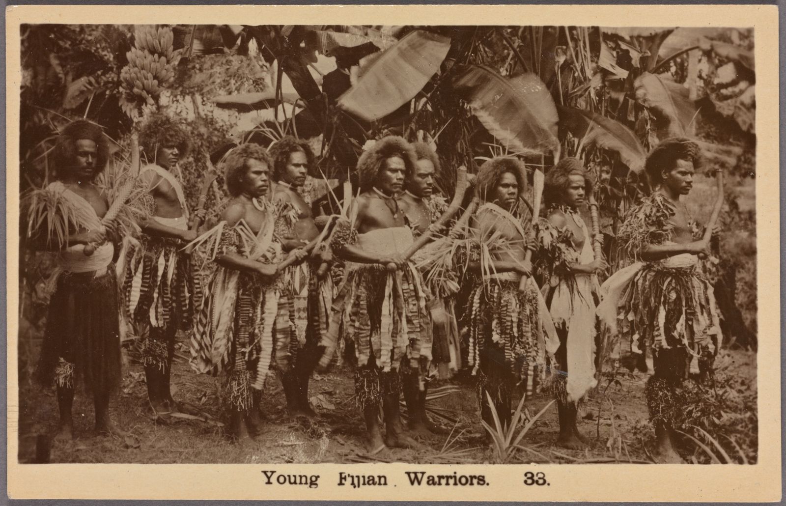 A photograph taken in the early 1900s shows Fijian warriors gripping wooden clubs. 