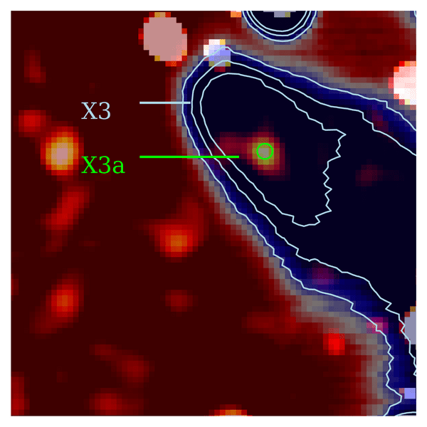 X3a in its envelope, X3 (blue). Intense stellar windscreate a cigar-like shape. On timescales of less than 10 years, clumps can form, which in turn are swallowed by X3a, explaining its impressive size.