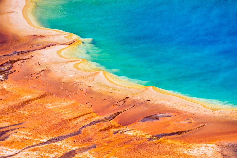 Deatiled photo of Grand Prismatic Spring from above. Yellowstone National Park, Wyoming, USA