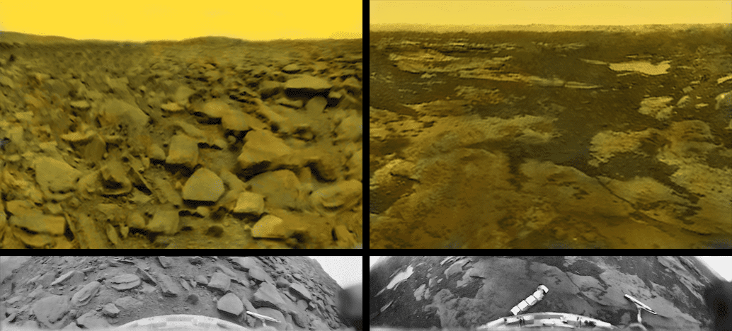 A very rocky region and a very slabby 7 sandy areas are seen in these views from the first images ever took on Venus.