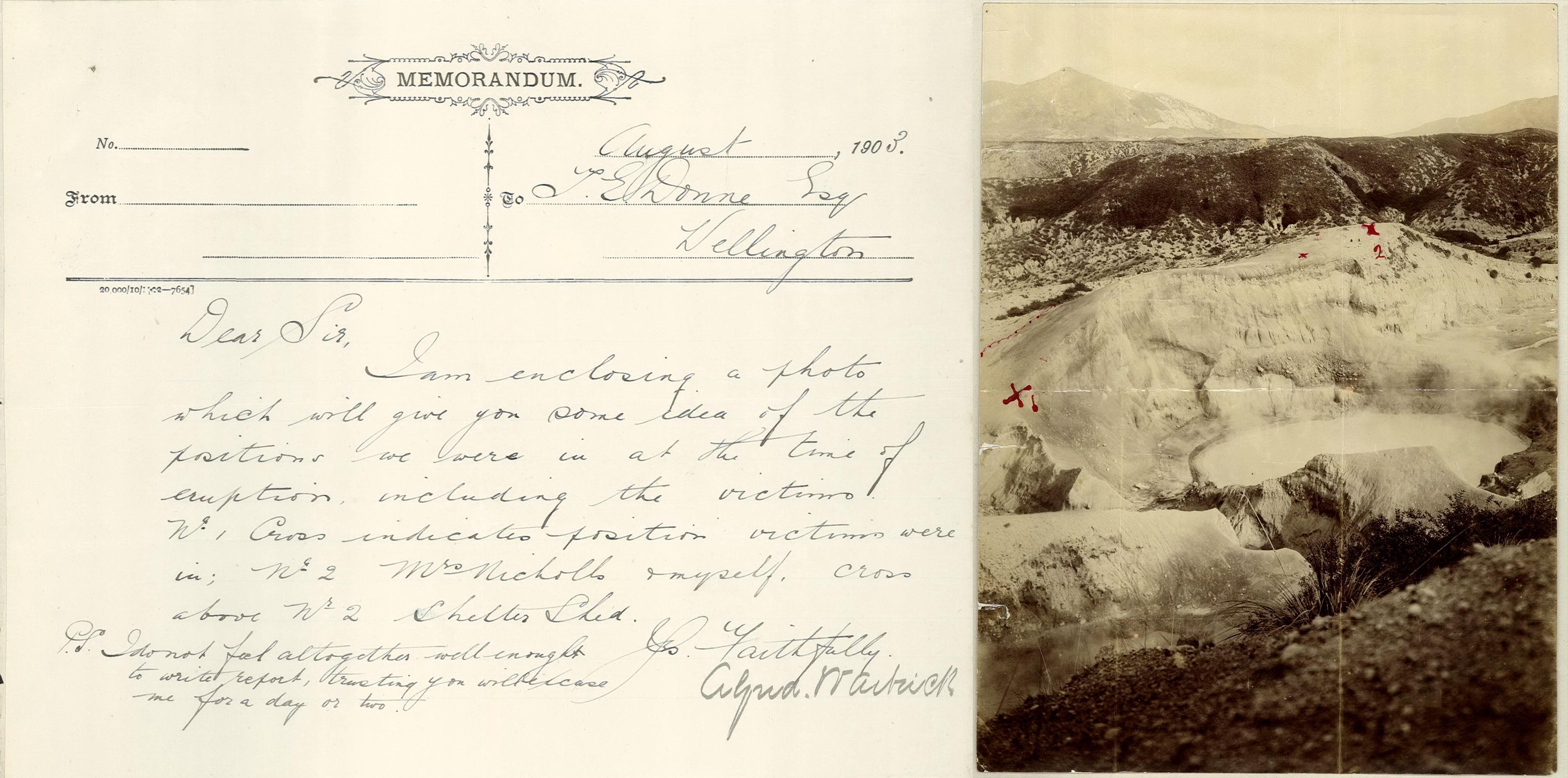 Memo and photograph from the Waimangu disaster of 1903, showing where the deceased were standing in relation to the geyser