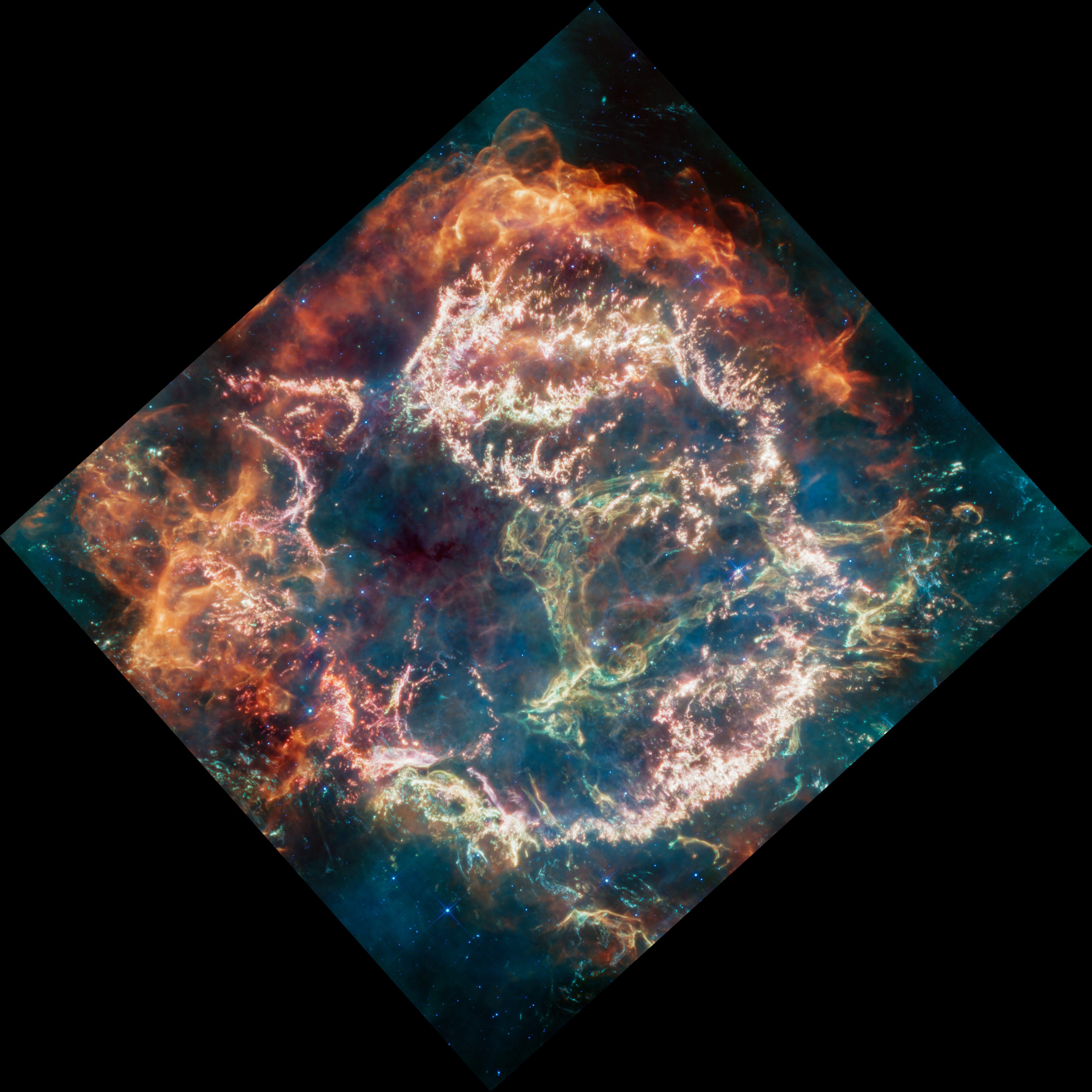 On the remnant’s exterior, particularly at the top and left, lie curtains of material appearing orange and red due to emission from warm dust. This marks where ejected material from the exploded star is ramming into surrounding circumstellar material.   Interior to this outer shell lie mottled filaments of bright pink studded with clumps and knots. This represents material from the star itself, and likely shines due to a mix of various heavy elements and dust emission. The stellar material can also be seen as fainter wisps near the cavity’s interior.  A loop represented in green extends across the right side of the central cavity. Its shape and complexity are unexpected and challenging for scientists to understand.