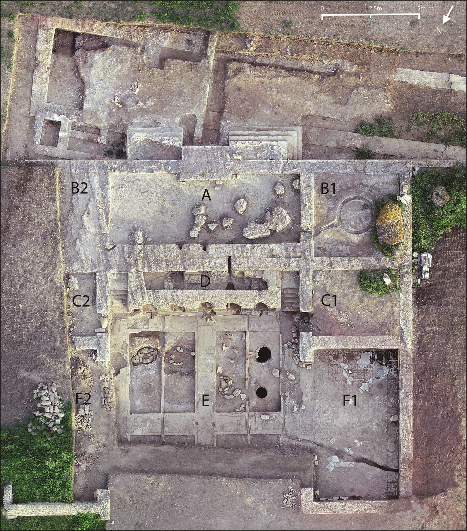 Aerial view of the excavated winery at the Villa of the Quintilii. Production areas are at the top (A–D), and the cellar (E) with adjacent dining rooms (F) in the lower half of the image. Image credit: M.C.M s.r.l and adaptation in Dodd et al. Antiquity 2023