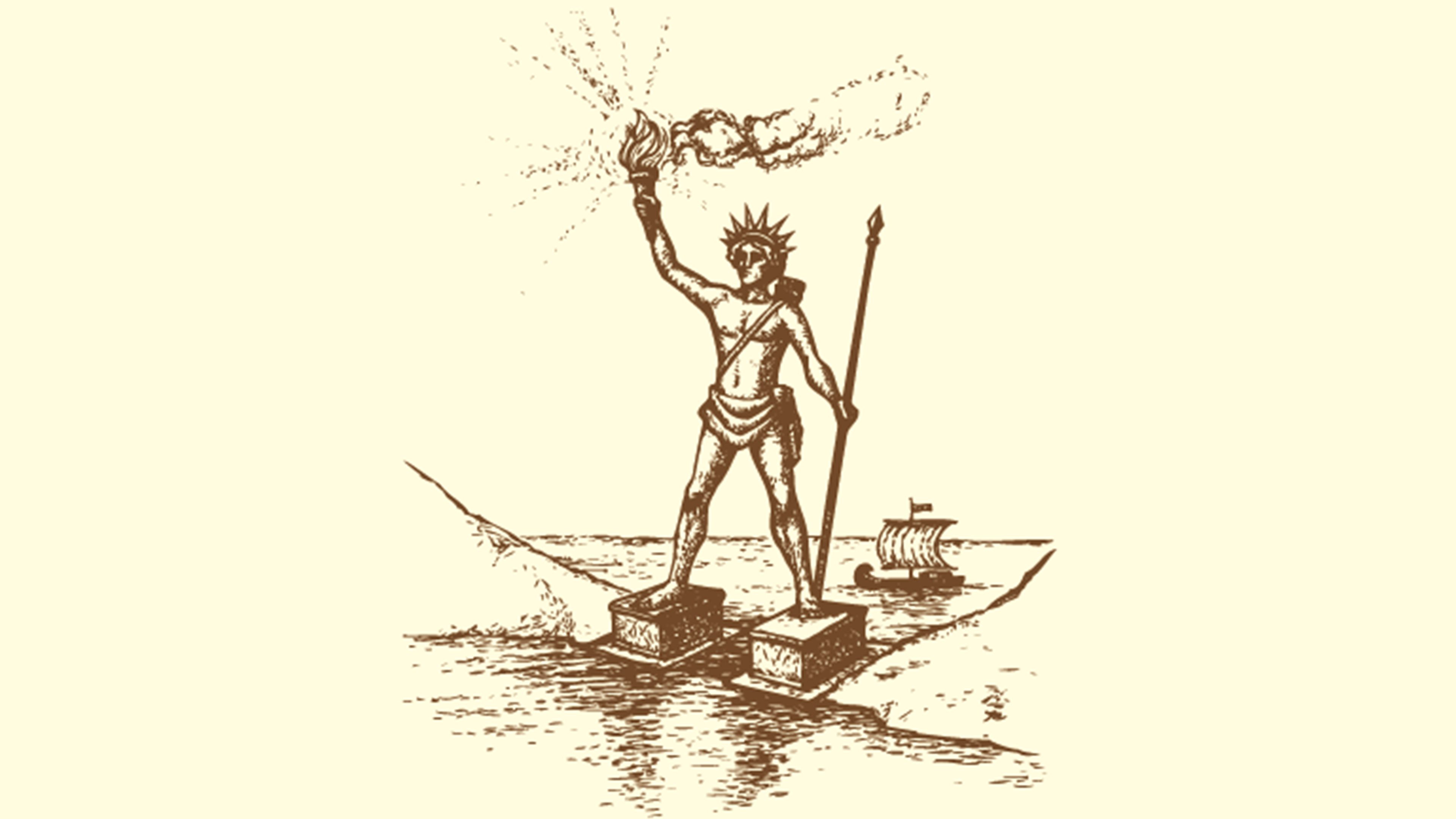 Illustration of a series of vector drawings for the Seven Wonders of the Ancient World. Colossus of Rhodes, a statue of the Greek Titan Helios, erected in the city of Rhodes, on the Greek island