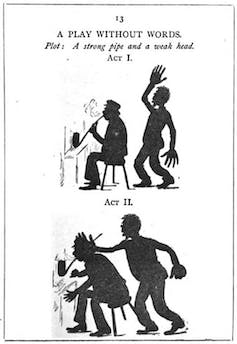 An illustration showing a smoking man being killed by another with a tobacco pipe.