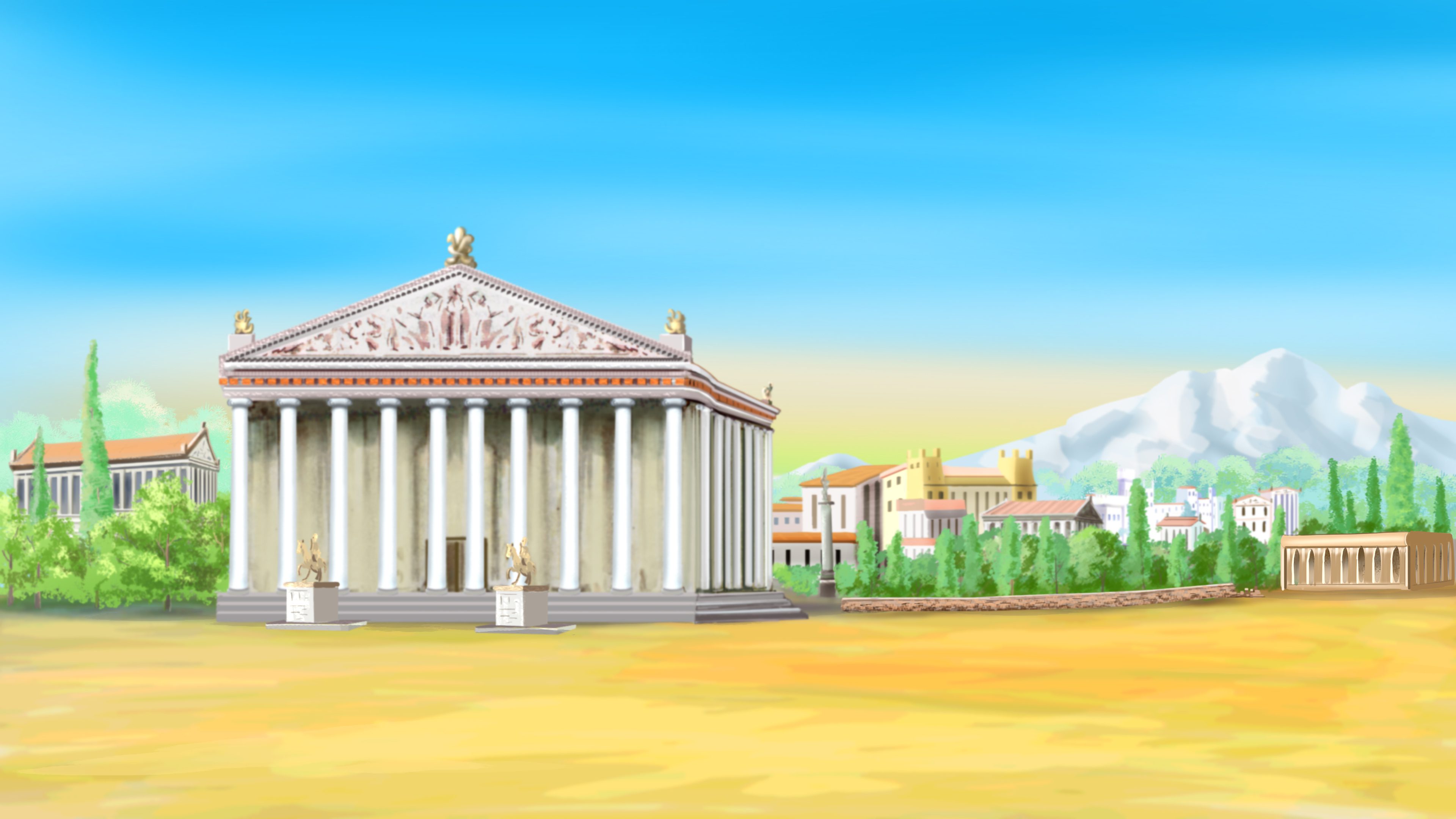 Temple of Artemis in a sunny day. Digital Painting Background, Illustration in cartoon style character.