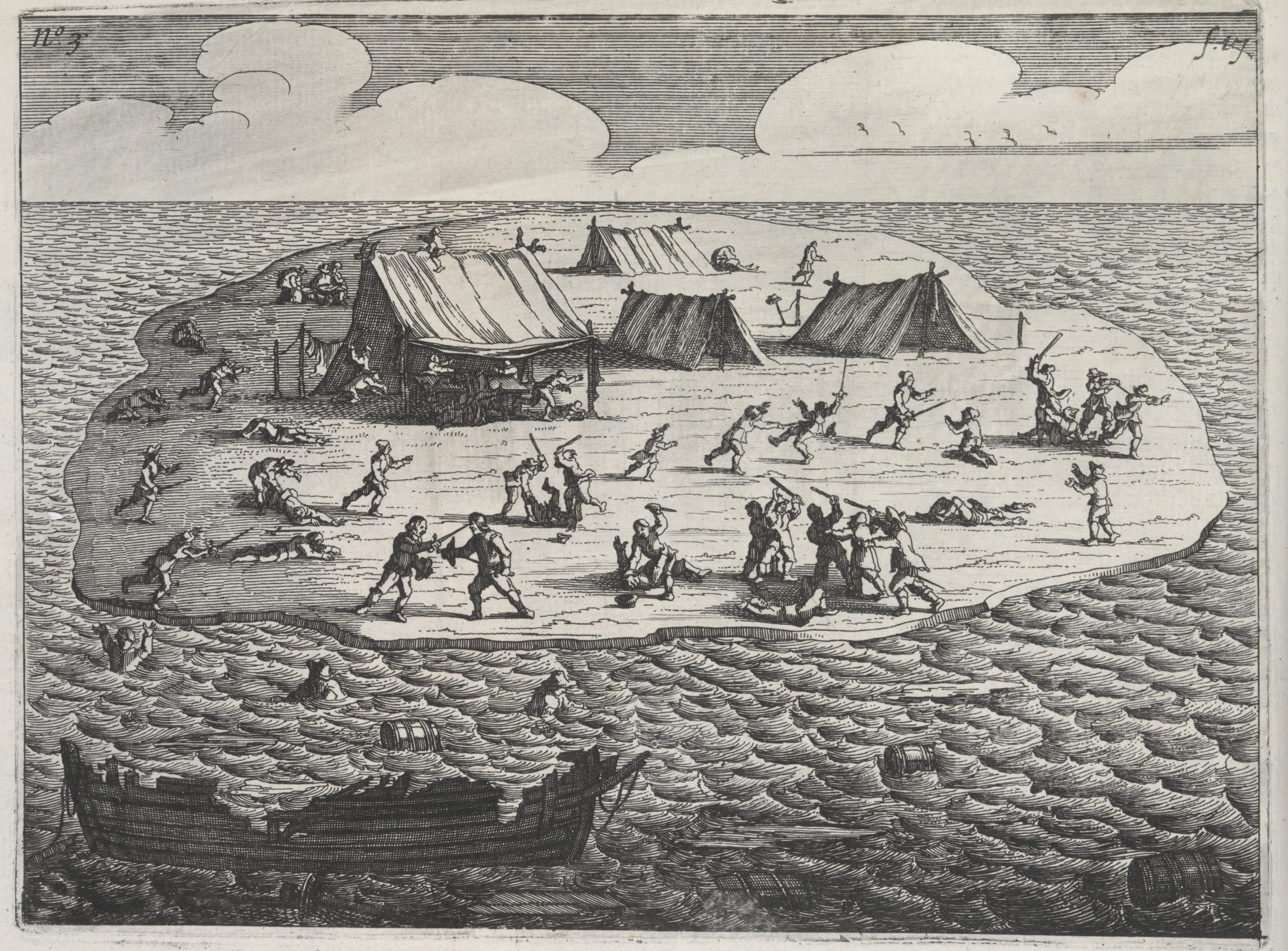 engraving showing conflict on Beacon Island