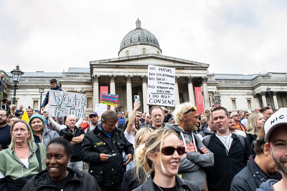 Protesters in London's Trafalgar Square call for lockdown rules to be removed on 29 August 2020: