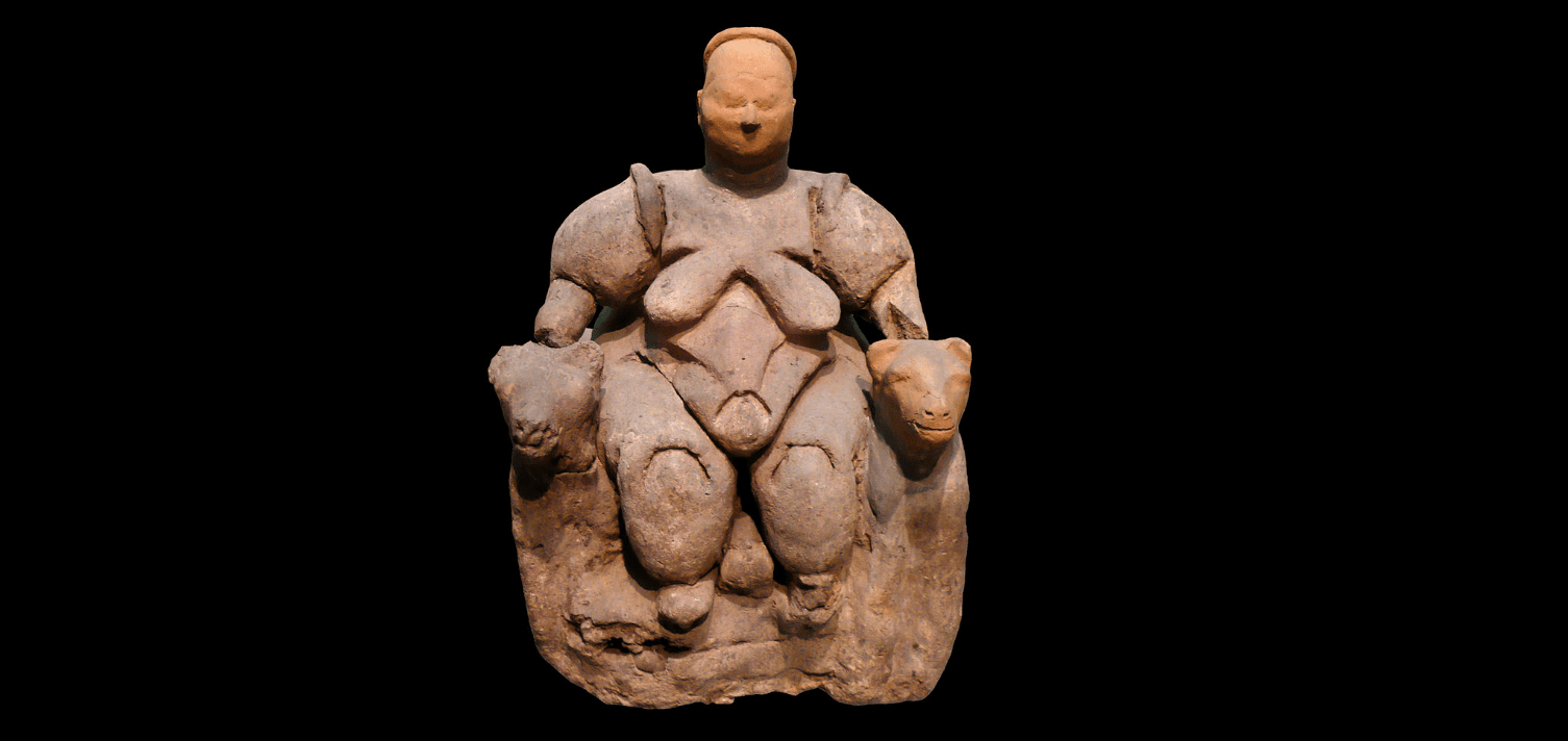 The Seated Woman of Çatalhöyük, a prehistoric statuette of a nude female on a throne.
